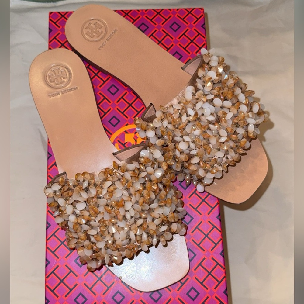 Tory Burch Tan and Cream Beaded Slides